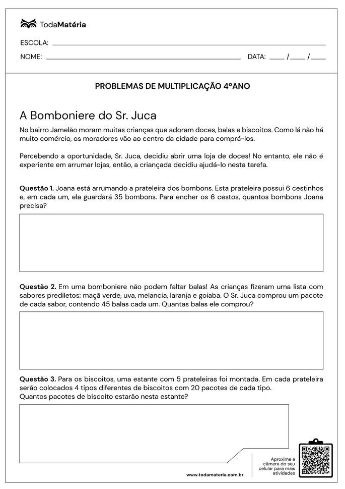 Contas de Multiplicação - 3º ano e 4º ano - Atividade de Matemática