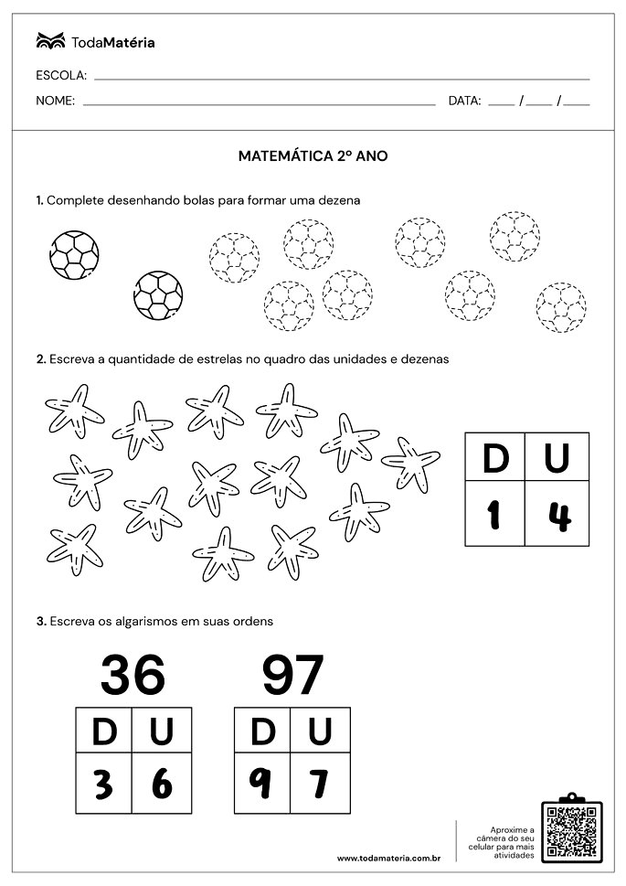 5 folhas de atividades de Matemática 2° ano EF - Toda Matéria