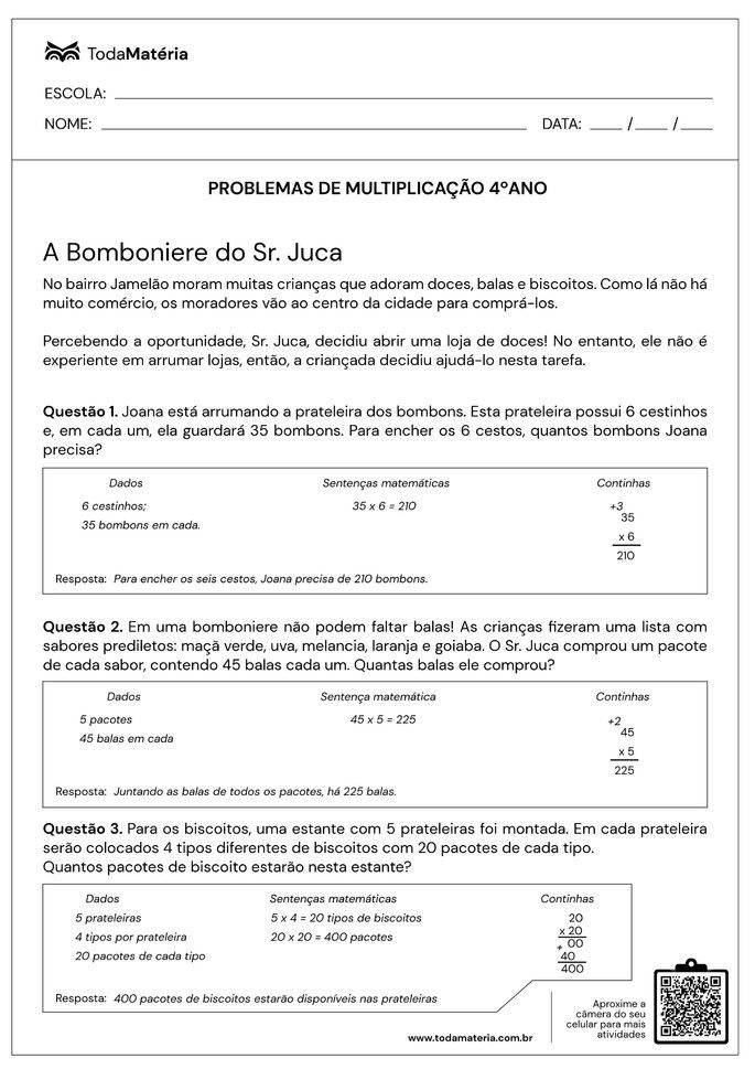 Atividade de matemática: Problemas de adição e subtração - 4º ano