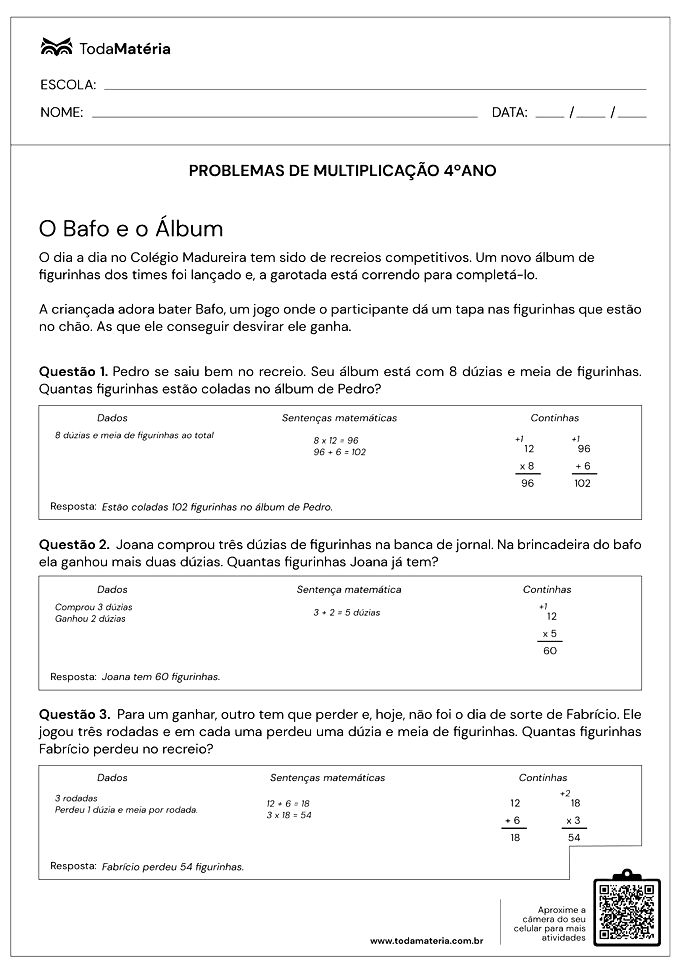 Exercícios de tabuada de multiplicação - Com gabarito