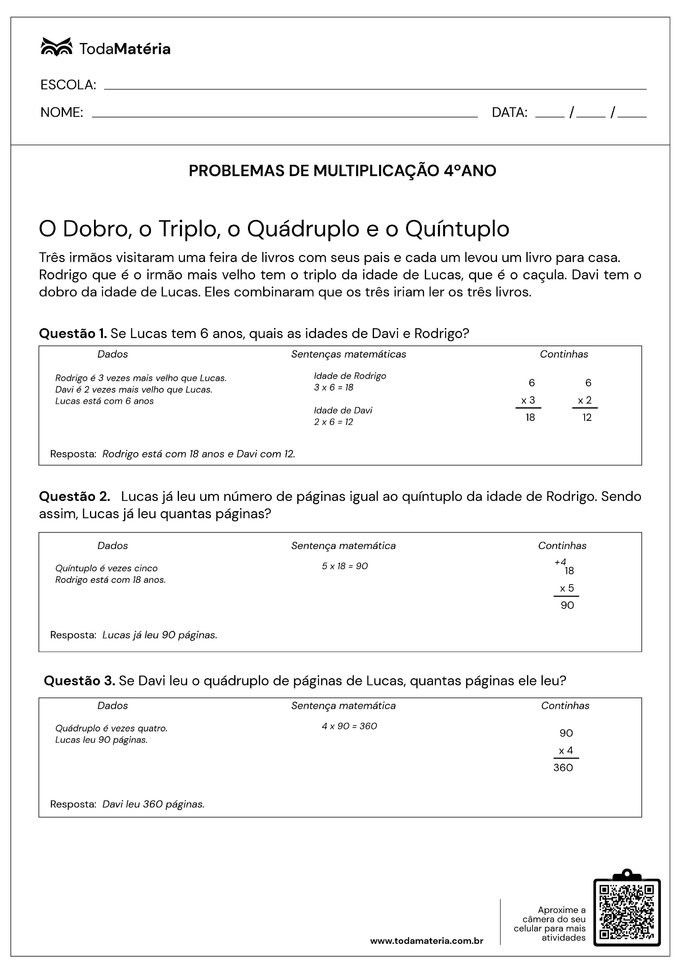 Problemas de Multiplicação para 4° ano - Toda Matéria