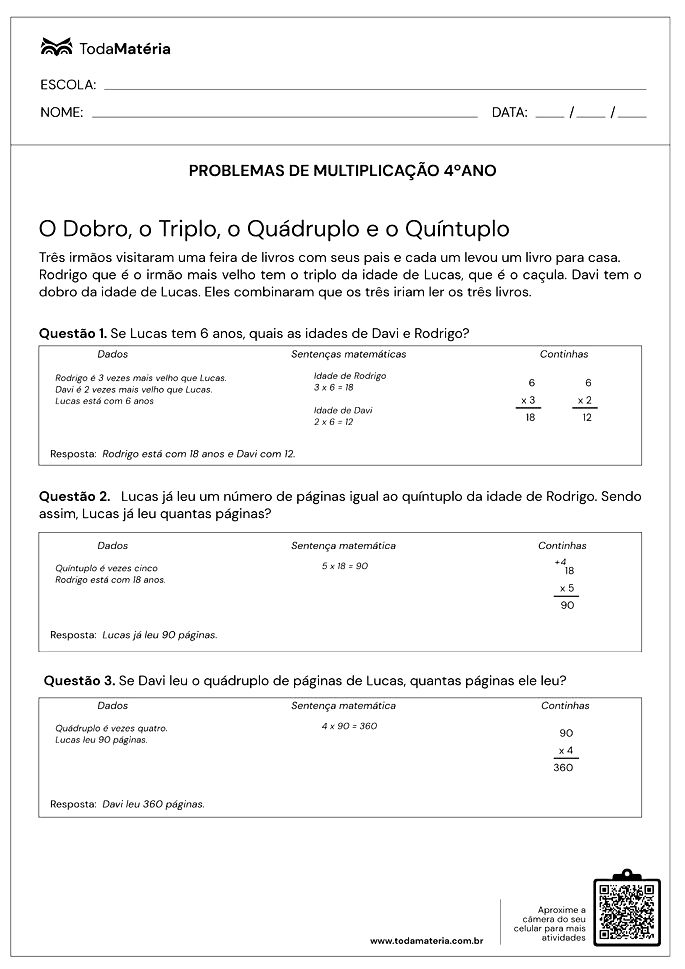 Problemas de Matemática do 4º Ano - Multiplicação e Divisão