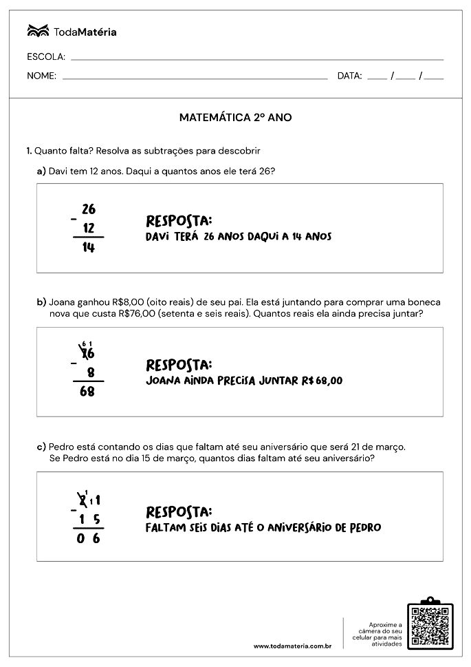 Atividades de matemática 2º ano adição e subtração