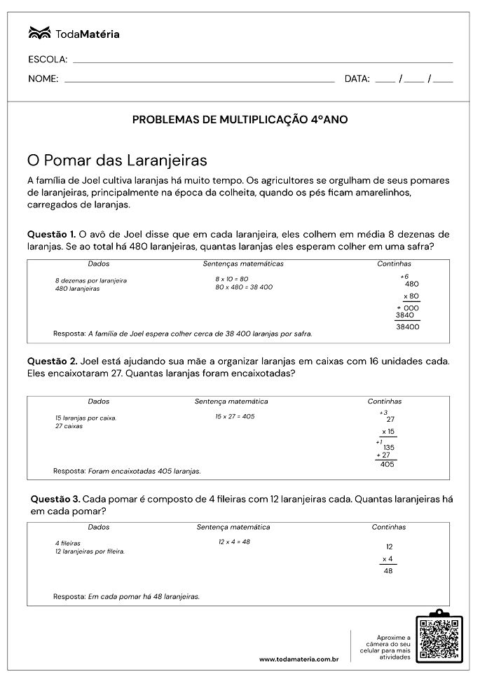 Problemas de Matemática do 4º Ano - Multiplicação e Divisão