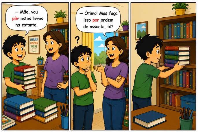 sequência de quadrinhos com exemplos de acento diferencial