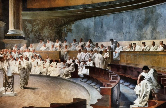 Afresco retratando o senador romano Cícero perante vários outros senadores.