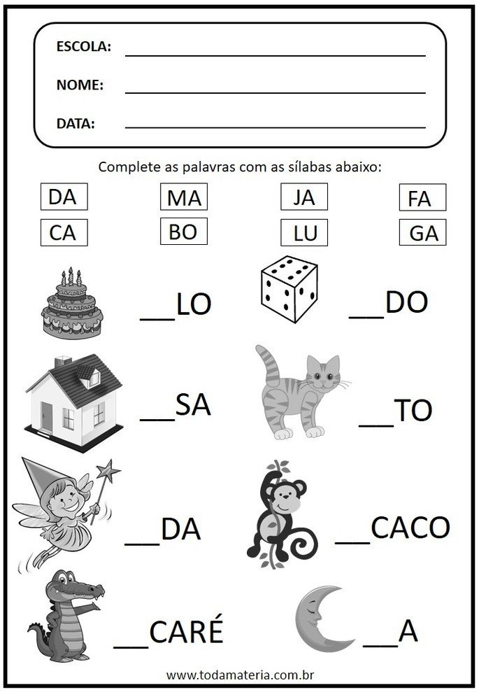 atividades de alfabetização com sílabas