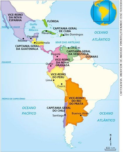 Mapa da América Espanhola após a reforma administrativa que criou Vice-Reinados e Capitanias-Gerais