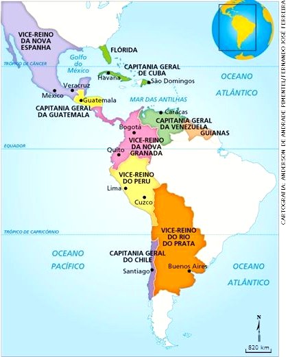 Mapa da América Espanhola após a reforma administrativa que criou Vice-Reinados e Capitanias-Gerais