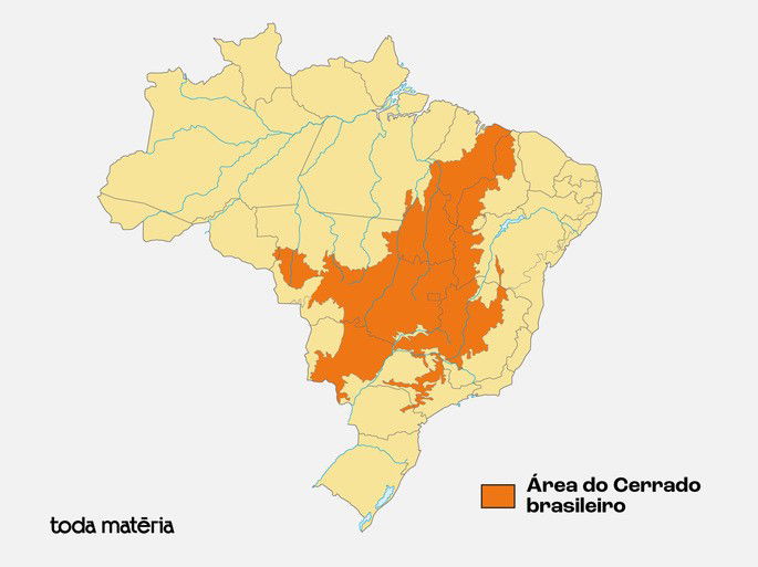 Mapa com a área de cobertura do Cerrado brasileiro
