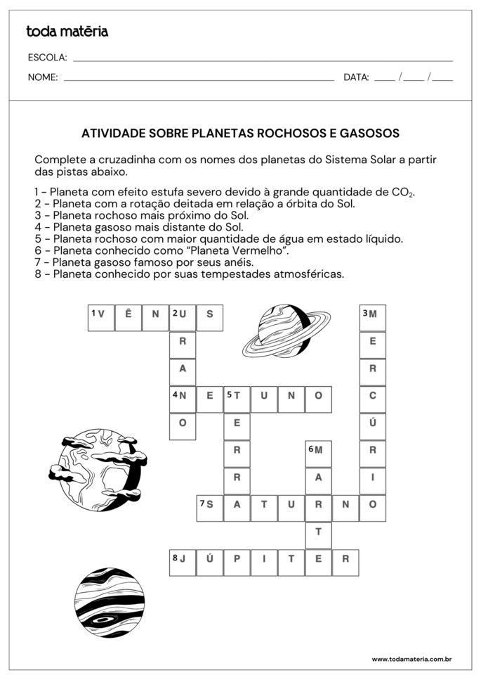Cruzadinha sobre planetas rochosos e gasosos_respostas