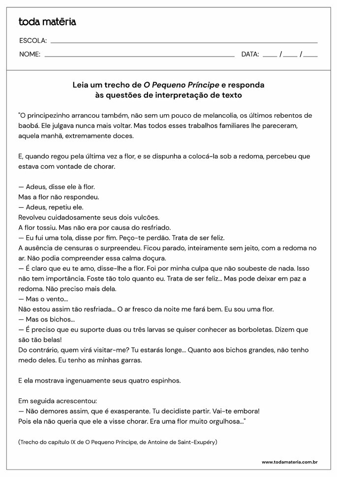 Folha de atividade de compreensão e interpretação de texto de O Pequeno Príncipe