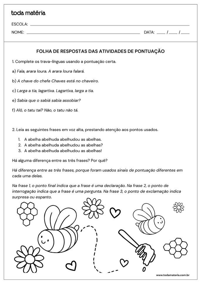 Folha de resposta de atividades de pontuação com trava-línguas