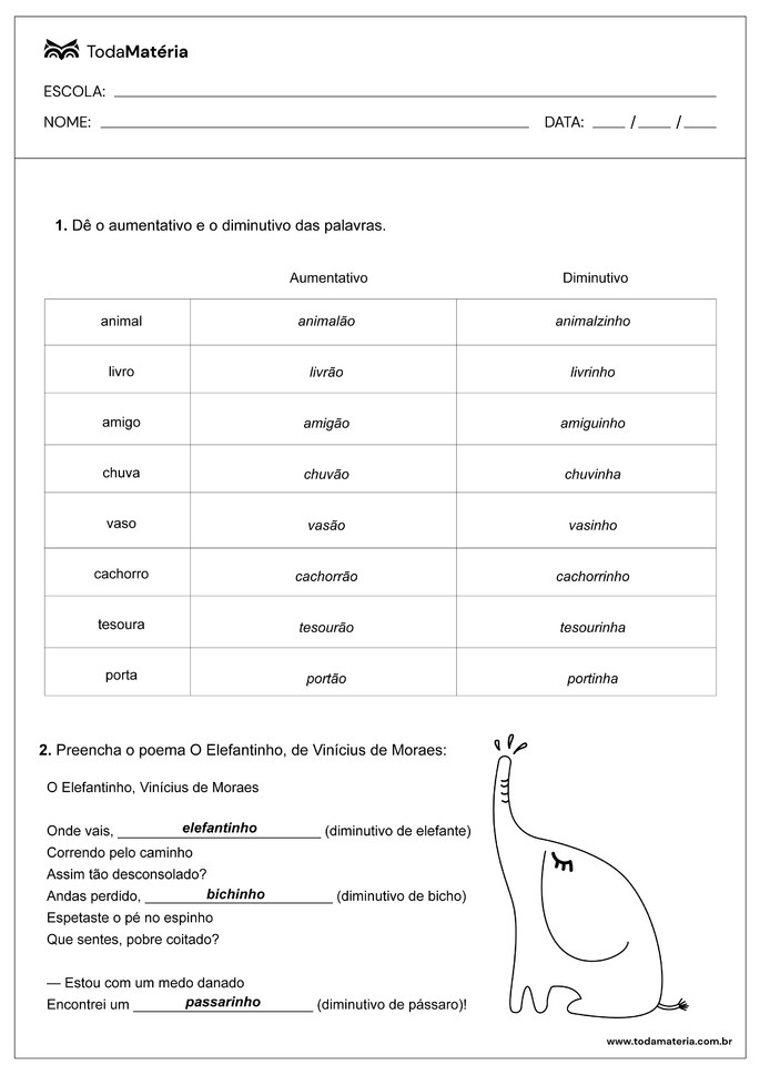 Atividade de aumentativo e diminutivo com resposta