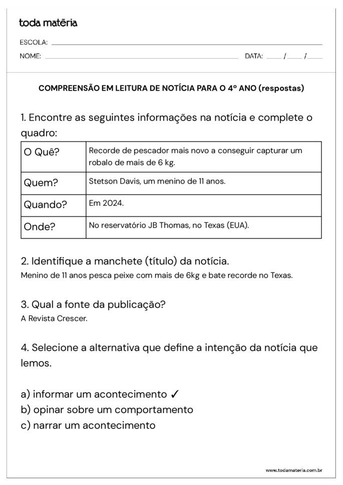 atividade compreensao leitura noticia 4 ano_perguntas e respostas
