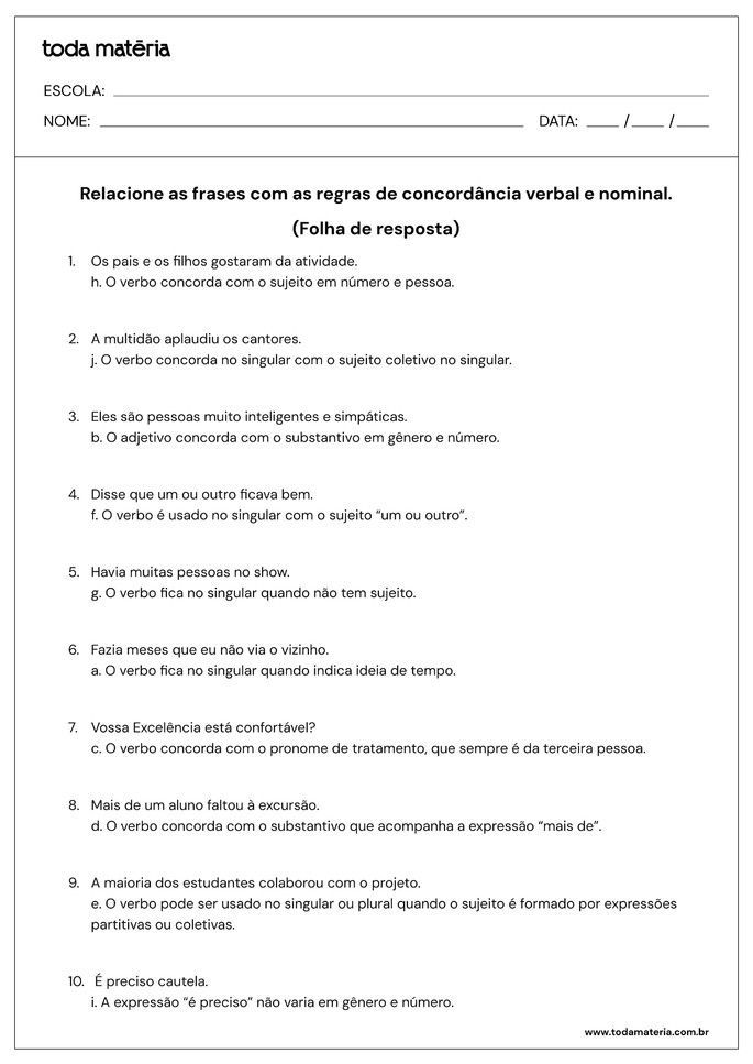 folha de resposta atividade concordancia verbal e nominal