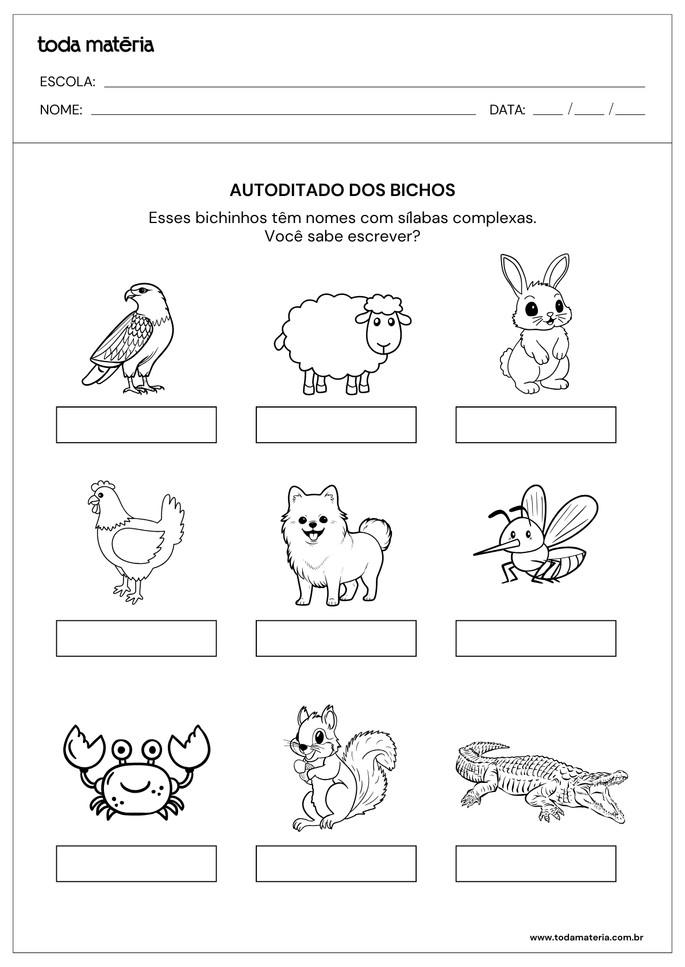 atividade de autoditado com nomes de animais com sílabas complexas