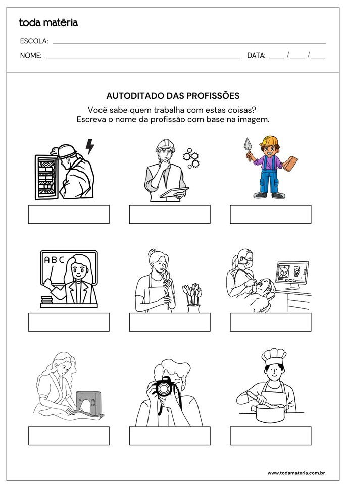 atividade de autoditado com profissões com sílabas complexas