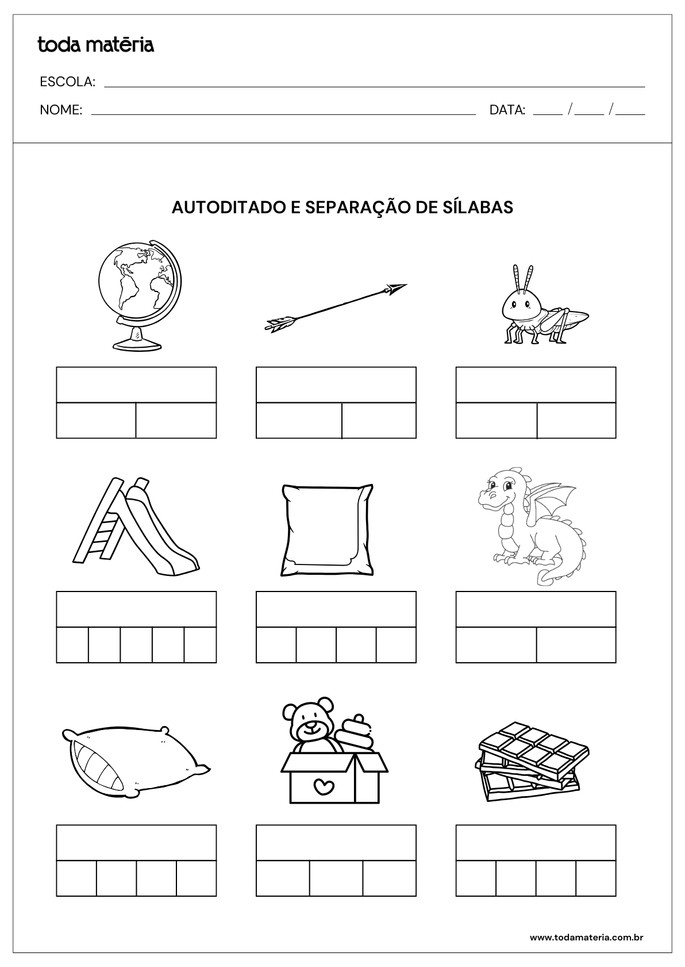atividade de autoditado e separação de sílabas com sílabas complexas