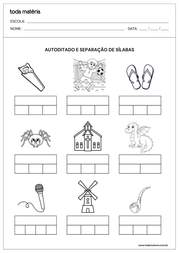 atividade de autoditado e separação de sílabas para 2 ano