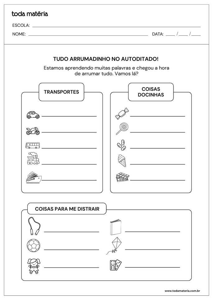 atividade de autoditado para 1 ano com transportes, doces e brincadeiras