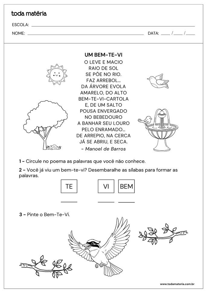 atividade de circular e pintar com poema infantil de Manoel de Barros
