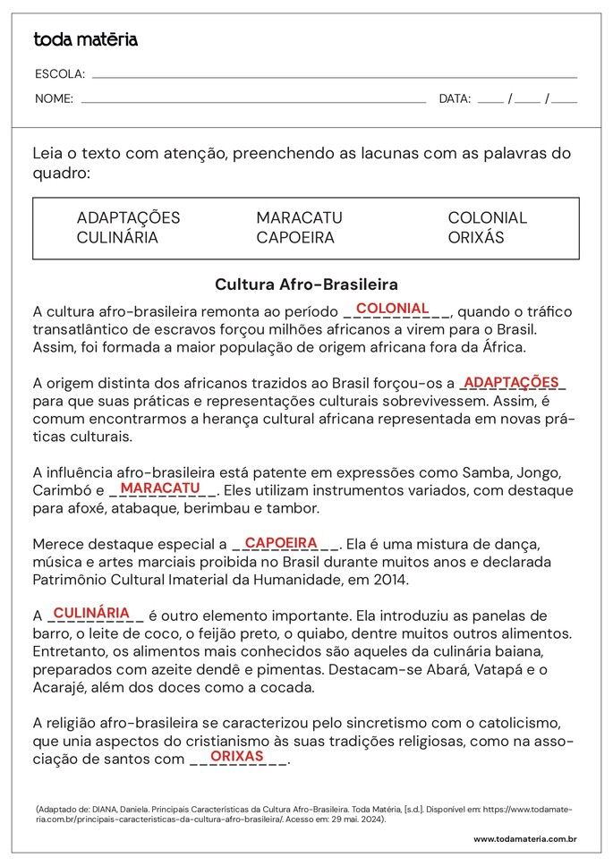 Atividade de complete sobre cultura afro-brasileira_respostas