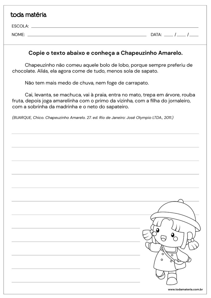 Atividade de cópia de trecho de Chapeuzinho Amarelo