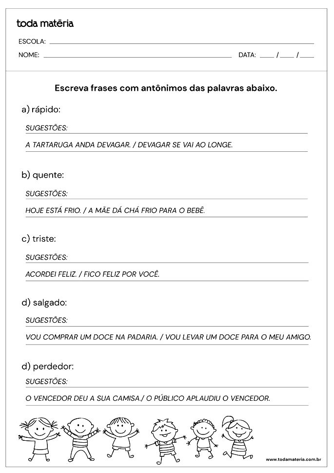 Atividades de Sinônimos e Antônimos para 2º ano (com respostas) - Toda  Matéria