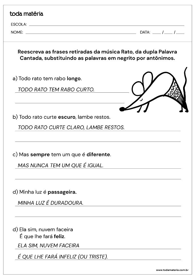 Atividades de Sinônimos e Antônimos para 2º ano (com respostas