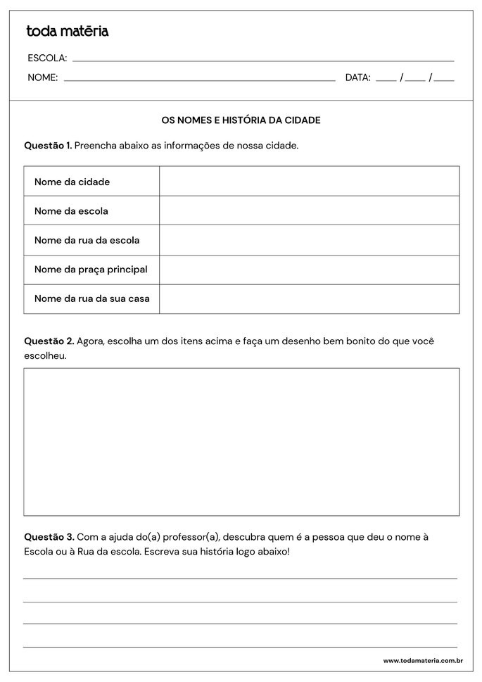Atividade História 3 ano Fundamental - Plano de Aula - Nomes e história da cidade