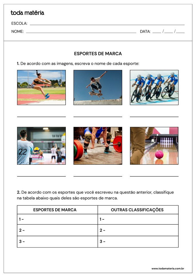 atividade de identifique sobre esportes de marca
