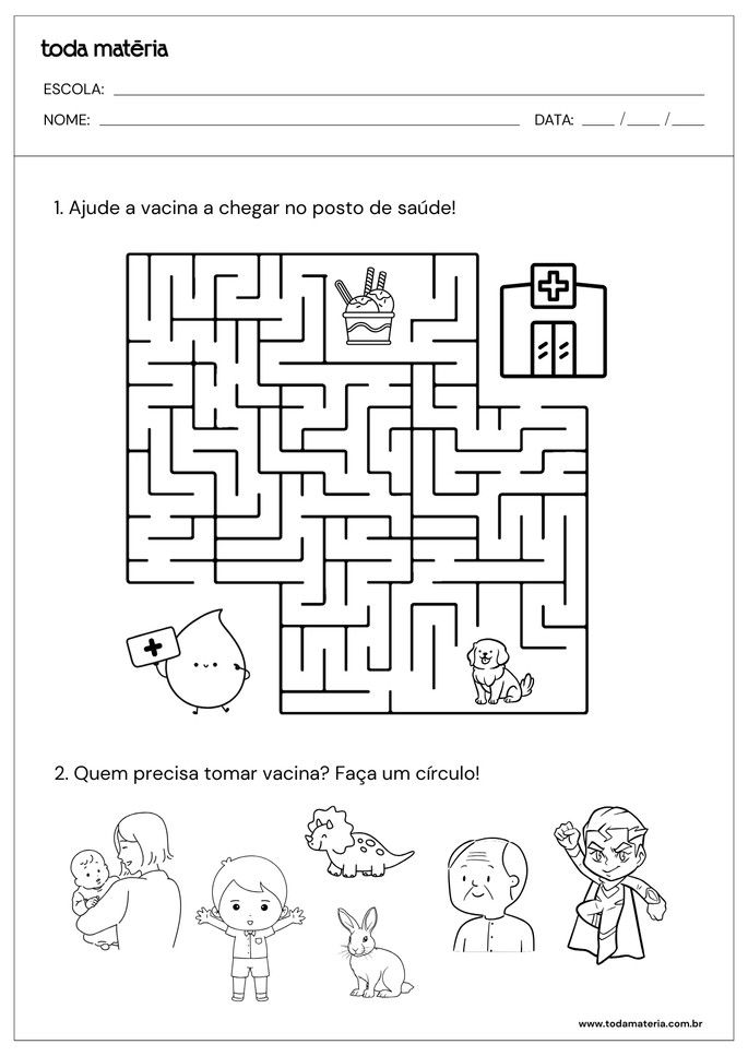 atividade de labirinto e de identifique sobre vacina para educação infantil
