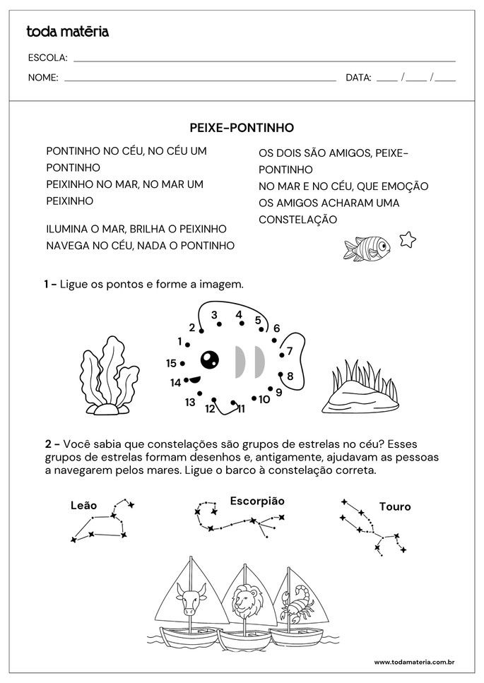 atividade de liga-pontos e ligue com poema infantil