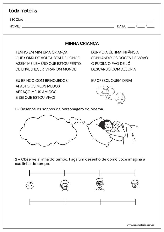 atividade de linha do tempo e desenho com poema infantil