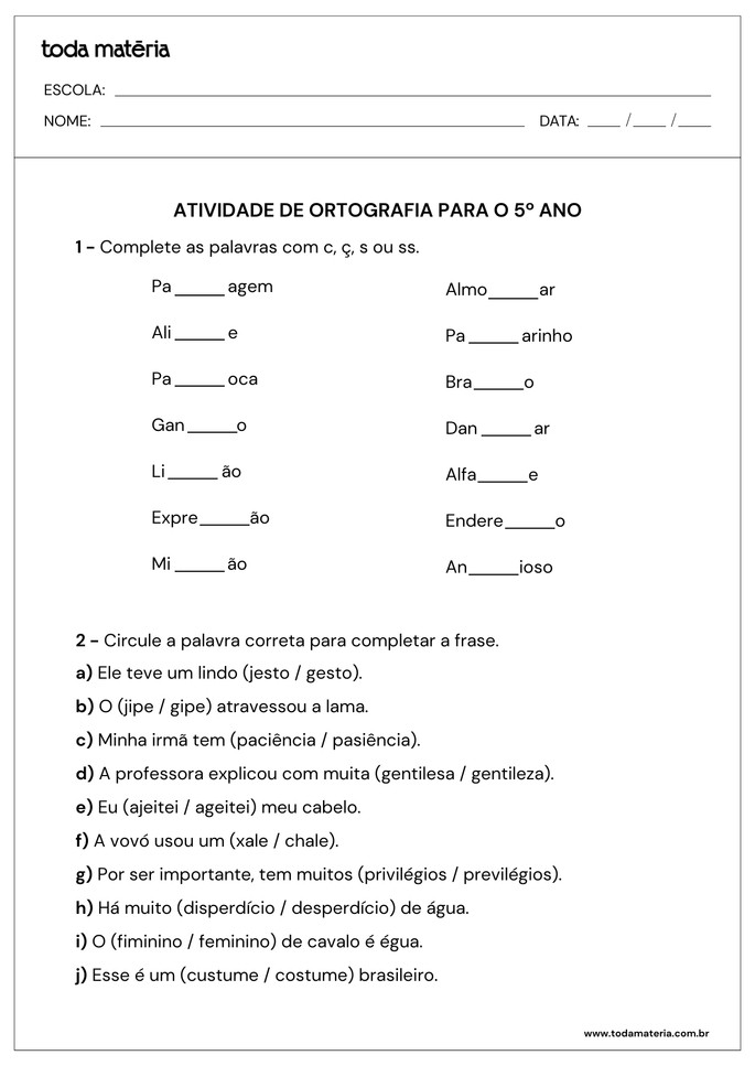 atividade-de-ortografia-para-o-quinto-ano-complete e circule a palavra correta