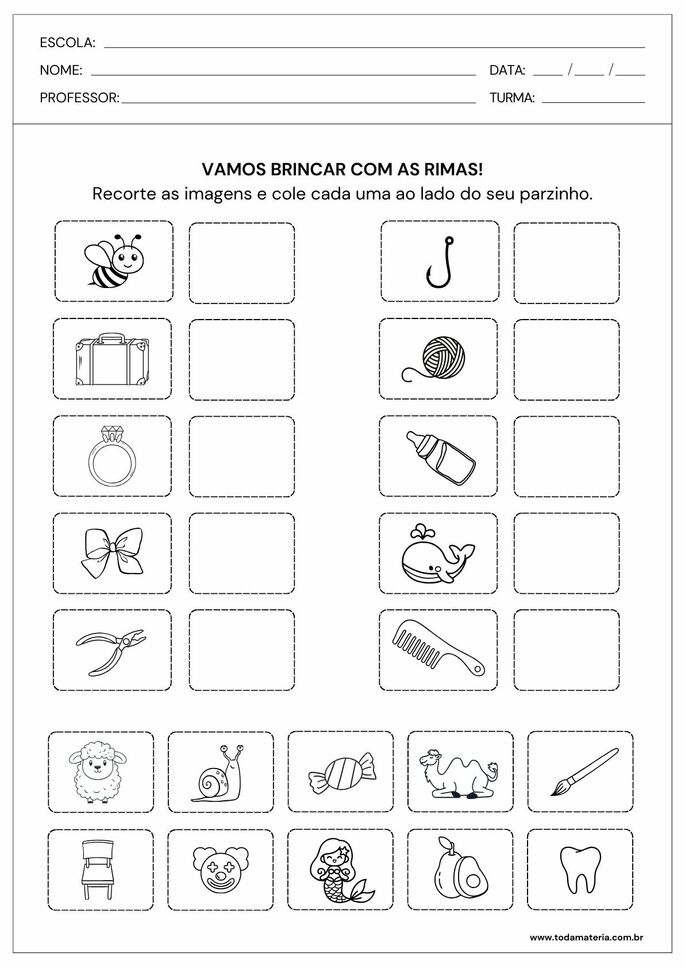 atividade de recorte e cole de palavras que rimam