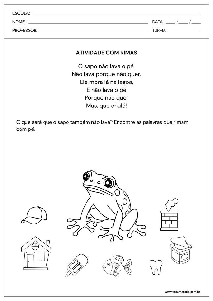 atividade de rimas com a música o sapo não lava o pé