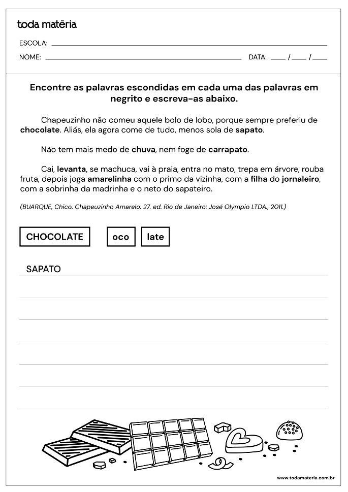 História do chocolate - Atividade de compreensão de texto