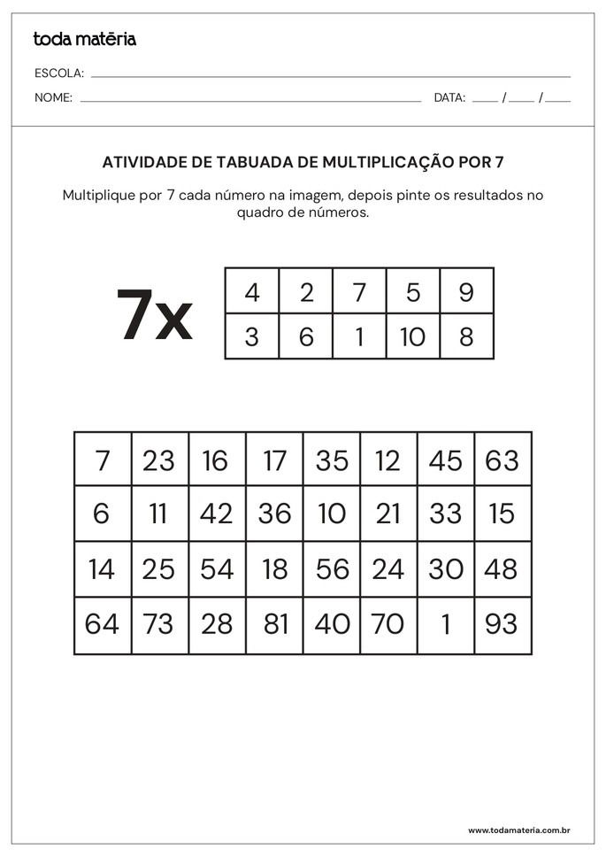 Tabuada de multiplica&ccedil;&atilde;o por 7