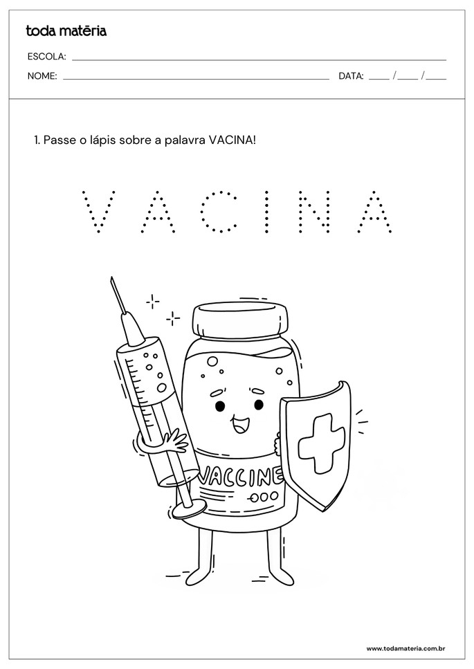 atividade de tracejado sobre a palavra vacina para educação infantil