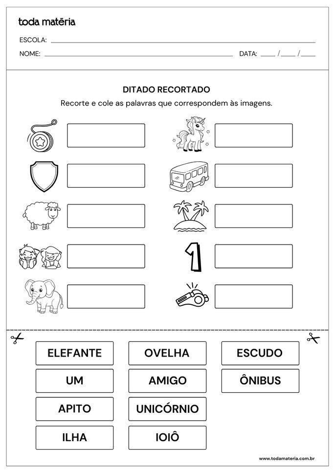 atividade ditado recortado de palavras começadas com vogais