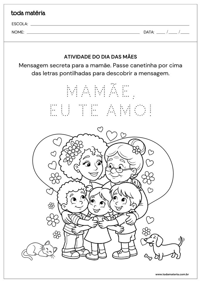 Atividade do dia das m&atilde;es para educa&ccedil;&atilde;o infantil_escrever frase sobre pontilhado e pintar desenho