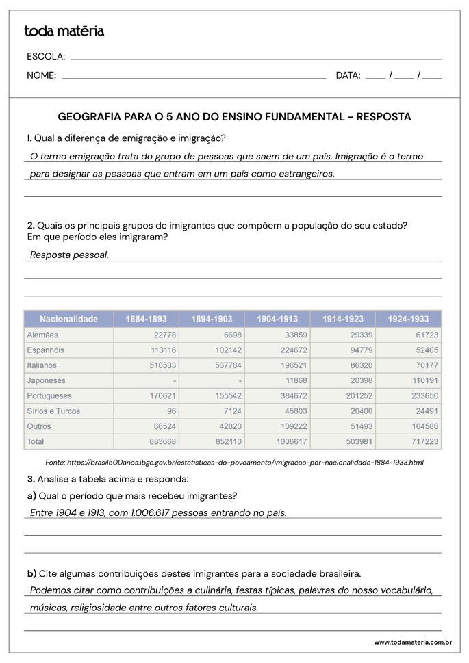 Atividade Geografia 5 ano 1.1 - gabarito