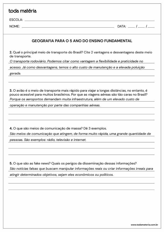 Atividade Geografia 5 ano 5.2 - gabarito