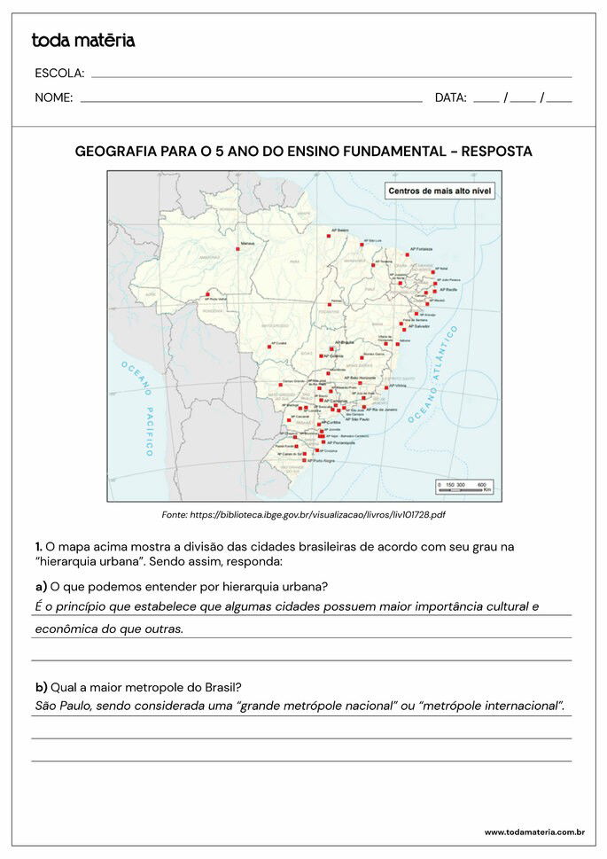 Atividade Geografia 5 ano 7.1 - gabarito