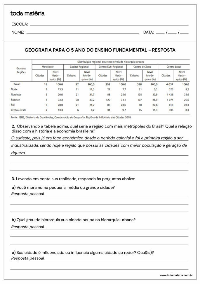 Atividade Geografia 5 ano 7.2 - gabarito