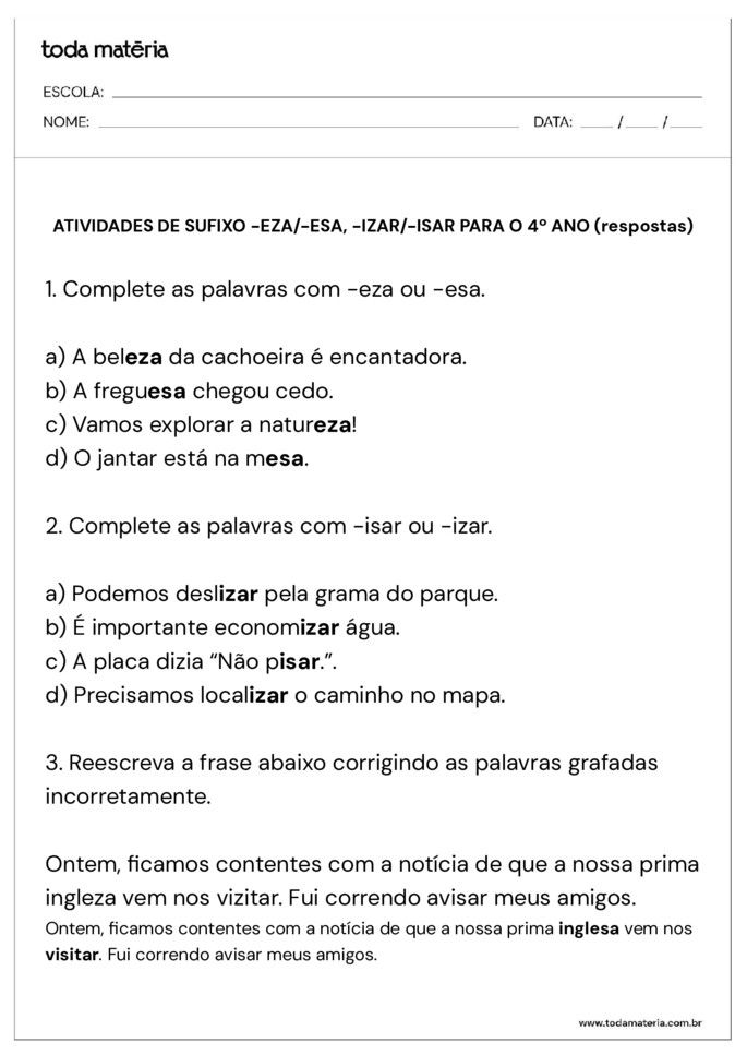 atividade grafia palavras terminadas em -eza-esa-izar-isar 4 ano_respostas