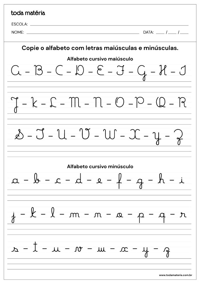 Letra cursiva: atividades caligrafia crianças - Toda