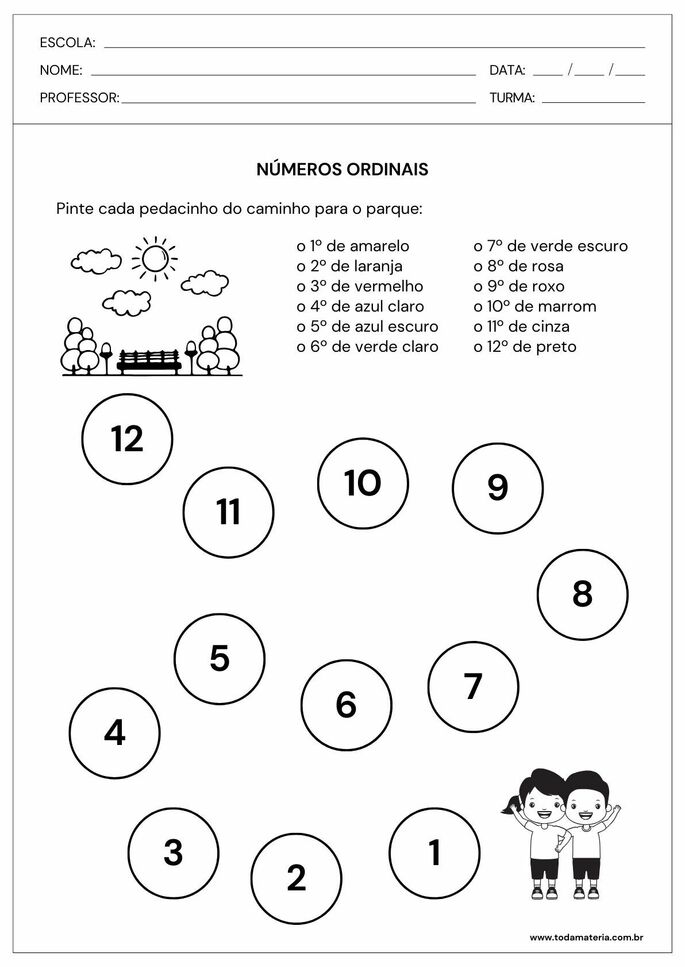 atividade números ordinais de caminho para parque até 12º